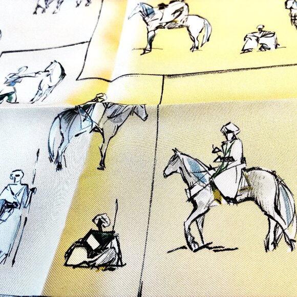 HERMES Paris Silk Scarf Equestrian Horse & Rider VOYAGE AU NIGER Green New 16" - Picture 14 of 16